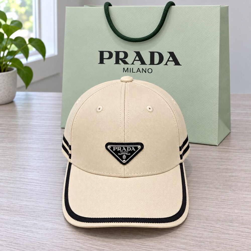 Prada Ivory Cap with Black Stripes